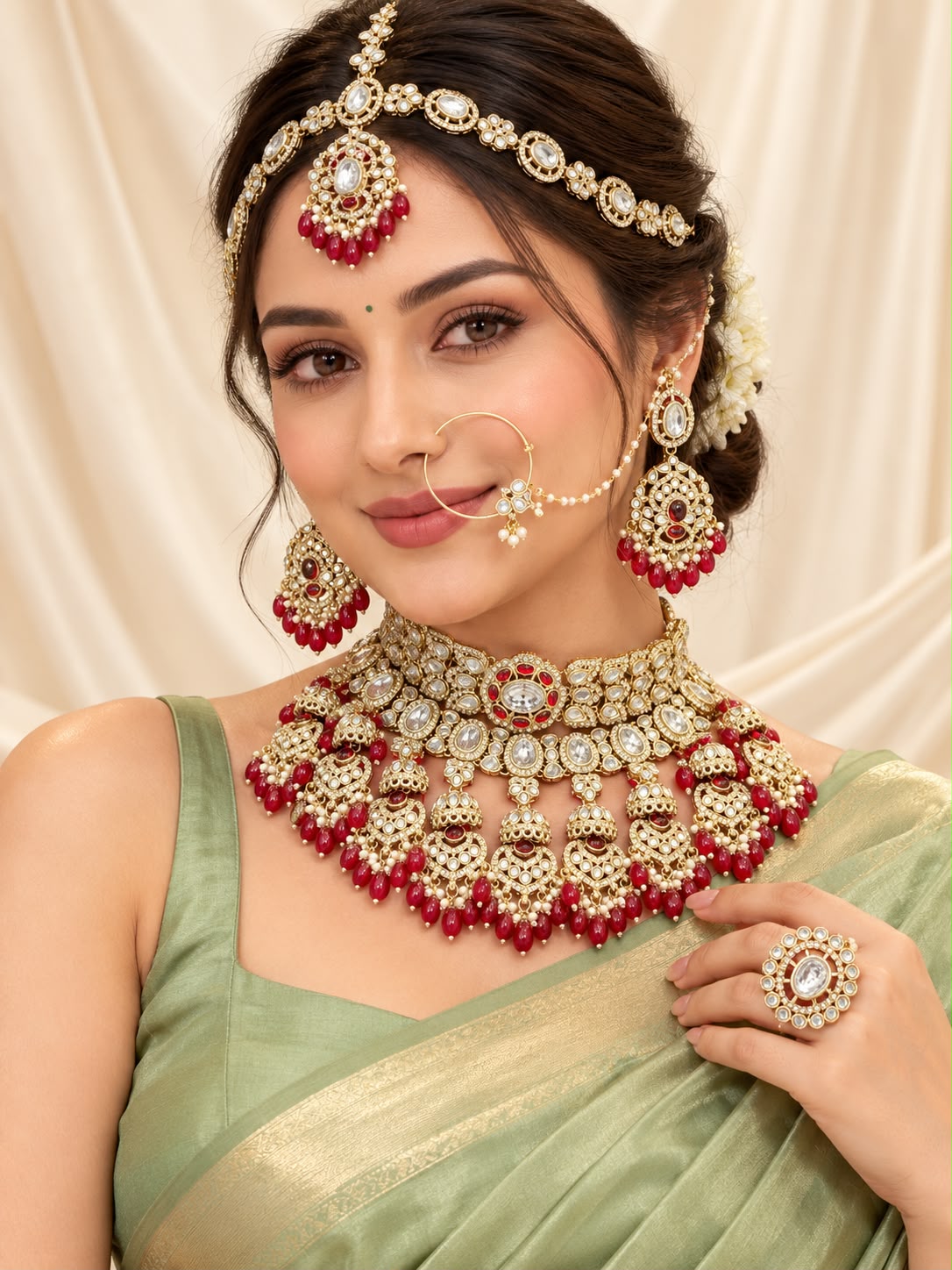 Kundan Semi Bridal Jewellery Set with Choker, Layered Necklace, Earrings, Matha Patti, Nath & Ring