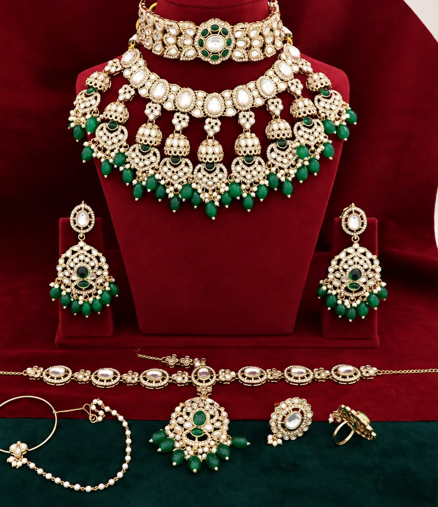 Kundan Semi Bridal Jewellery Set with Choker, Layered Necklace, Earrings, Matha Patti, Nath & Ring