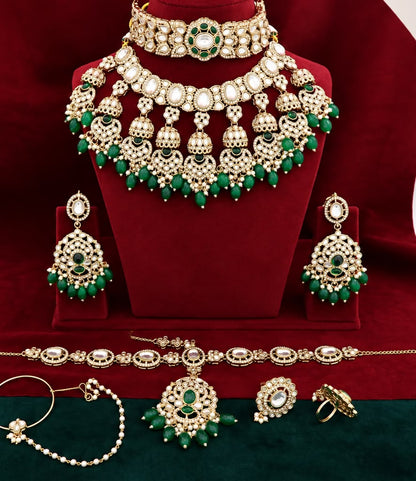 Kundan Semi Bridal Jewellery Set with Choker, Layered Necklace, Earrings, Matha Patti, Nath & Ring