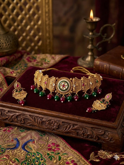 the Zevar Bridal Choker Jewellery Set Antique Gold Tone Heritage Choker Set with Ruby & Emerald Style Drops