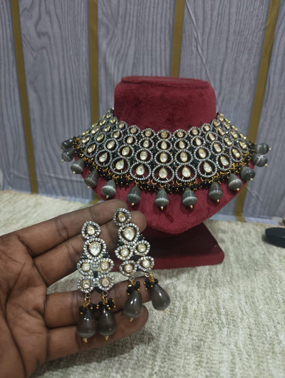 the Zevar Bridal Choker Jewellery Set Antique Silver & Gold Plated Polki Choker Set with Statement Dangles
