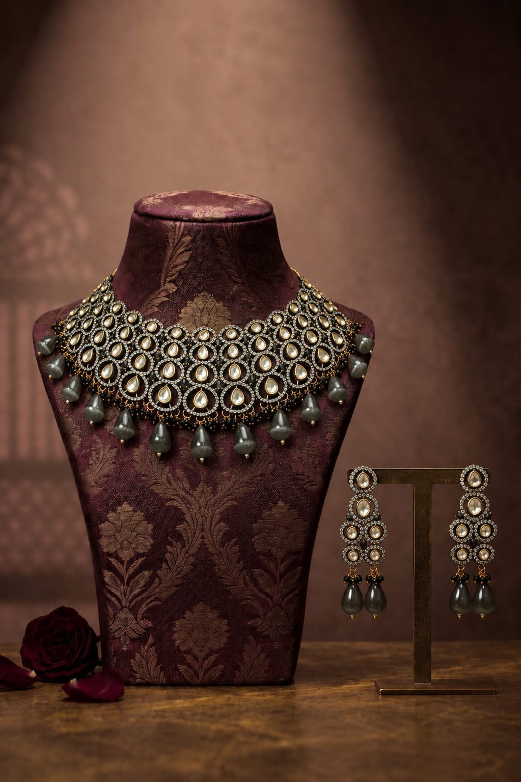 the Zevar Bridal Choker Jewellery Set Antique Silver & Gold Plated Polki Choker Set with Statement Dangles