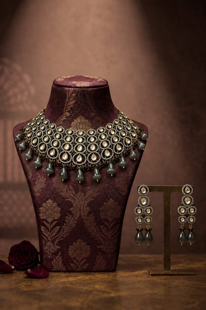 the Zevar Bridal Choker Jewellery Set Antique Silver & Gold Plated Polki Choker Set with Statement Dangles