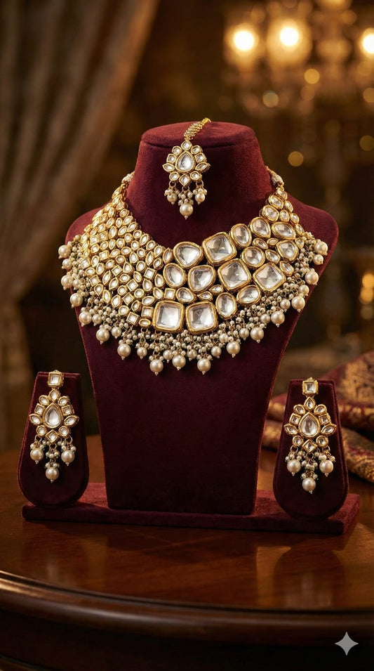 the Zevar Bridal Choker Jewellery Set Classic Pearl Kundan Bridal Choker Necklace Set with Maang Tikka