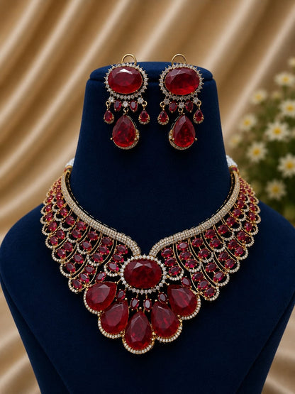the Zevar Bridal Choker Jewellery Set Dark Maroon Zevar Grand Ruby Red & Mint Green Statement Bridal Necklace Set