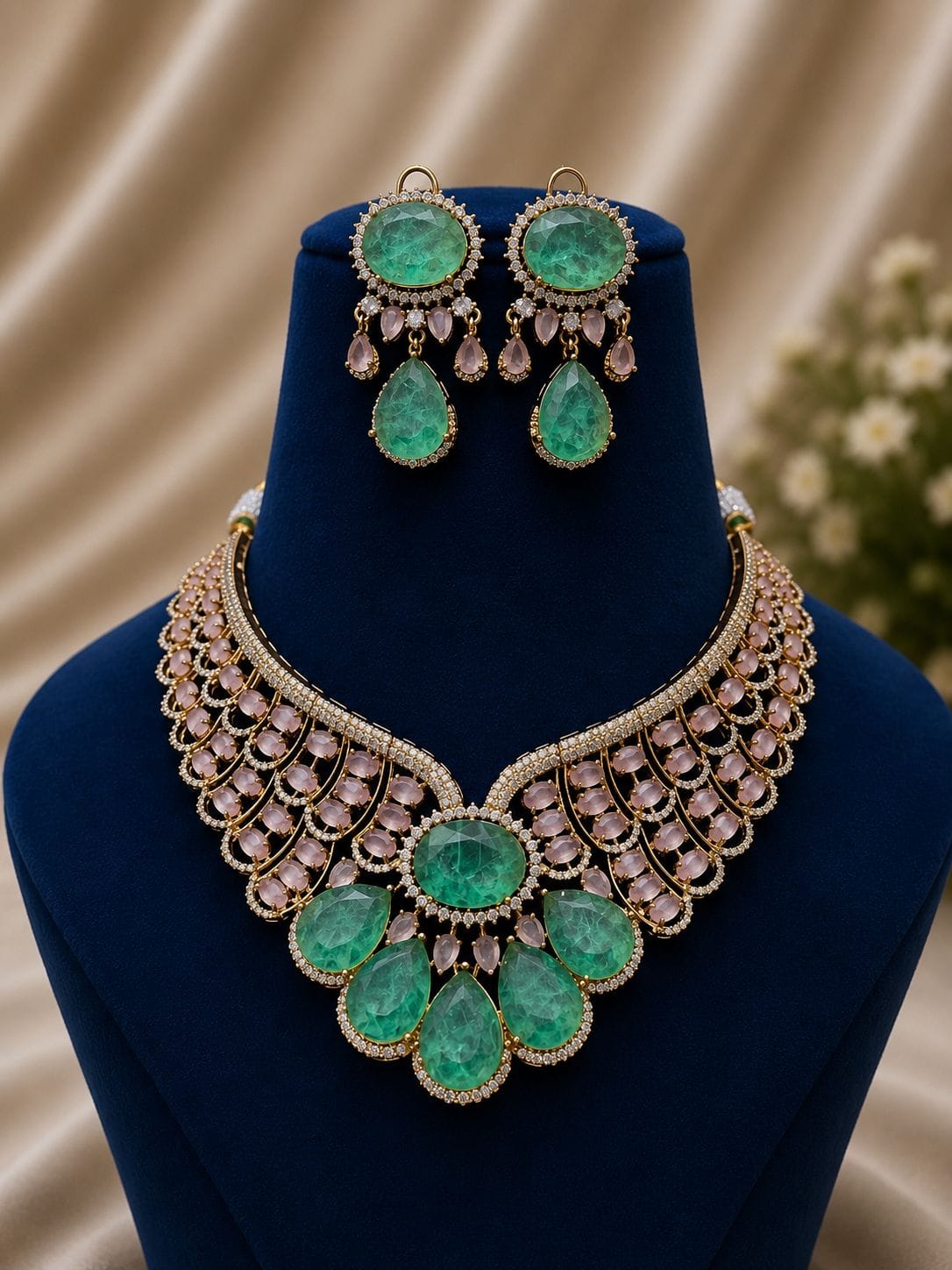 the Zevar Bridal Choker Jewellery Set light blue Zevar Grand Ruby Red & Mint Green Statement Bridal Necklace Set