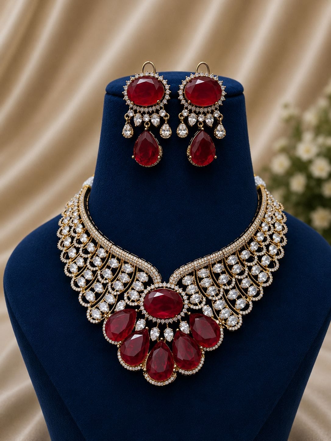 the Zevar Bridal Choker Jewellery Set Maroon Zevar Grand Ruby Red & Mint Green Statement Bridal Necklace Set