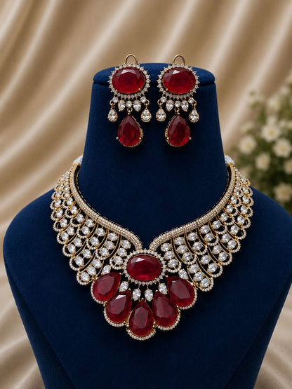 the Zevar Bridal Choker Jewellery Set Maroon Zevar Grand Ruby Red & Mint Green Statement Bridal Necklace Set