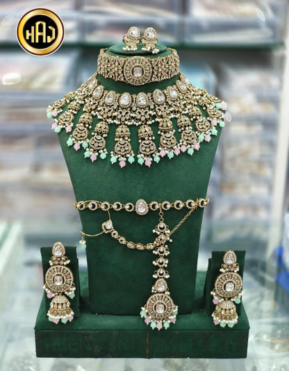 the Zevar Bridal Choker Jewellery Set Pink & Mint Green The Regal Rose Kundan Bridal Collection