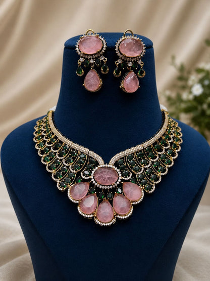 the Zevar Bridal Choker Jewellery Set pink Zevar Grand Ruby Red & Mint Green Statement Bridal Necklace Set