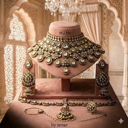 the Zevar Bridal Choker Jewellery Set Royal Kundan & Polki Bridal Jewelry Set with Emerald-Green Accents and Pearl Drops