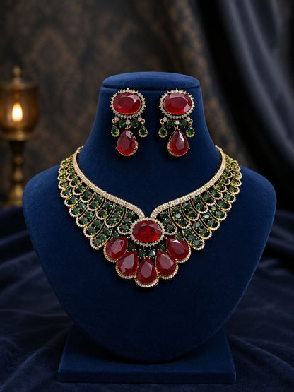 the Zevar Bridal Choker Jewellery Set Zevar Grand Ruby Red & Mint Green Statement Bridal Necklace Set