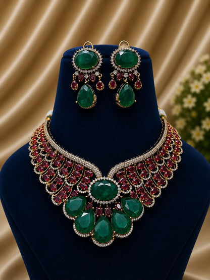 the Zevar Bridal Choker Jewellery Set Zevar Grand Ruby Red & Mint Green Statement Bridal Necklace Set