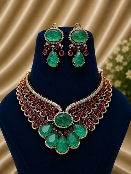 the Zevar Bridal Choker Jewellery Set Zevar Grand Ruby Red & Mint Green Statement Bridal Necklace Set