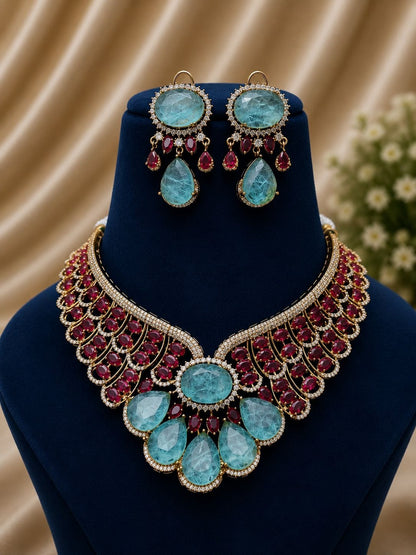 the Zevar Bridal Choker Jewellery Set Zevar Grand Ruby Red & Mint Green Statement Bridal Necklace Set