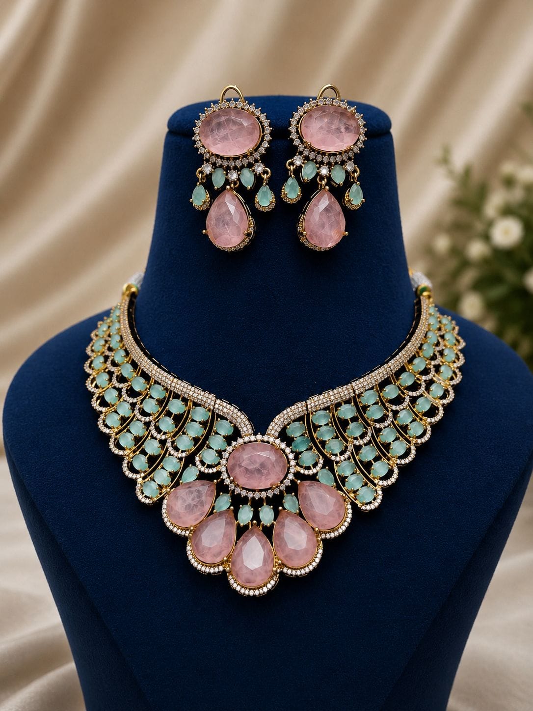 the Zevar Bridal Choker Jewellery Set Zevar Grand Ruby Red & Mint Green Statement Bridal Necklace Set