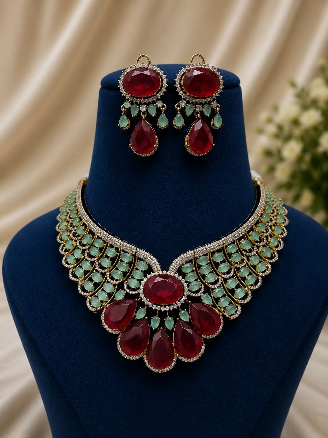 the Zevar Bridal Choker Jewellery Set Zevar Grand Ruby Red & Mint Green Statement Bridal Necklace Set