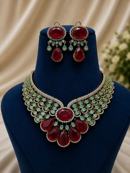 the Zevar Bridal Choker Jewellery Set Zevar Grand Ruby Red & Mint Green Statement Bridal Necklace Set