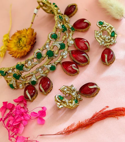 the Zevar Bridal Jewellery Mehroon The Gulnaz Choker: Emerald & Pastel Rose Quartz Heritage Set
