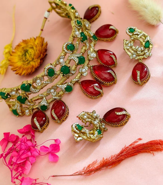 the Zevar Bridal Jewellery Mehroon The Gulnaz Choker: Emerald & Pastel Rose Quartz Heritage Set