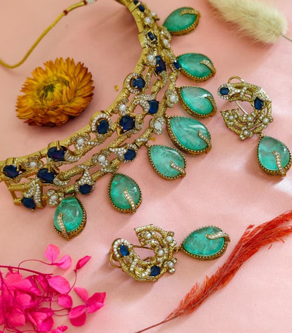 the Zevar Bridal Jewellery Mint green The Gulnaz Choker: Emerald & Pastel Rose Quartz Heritage Set