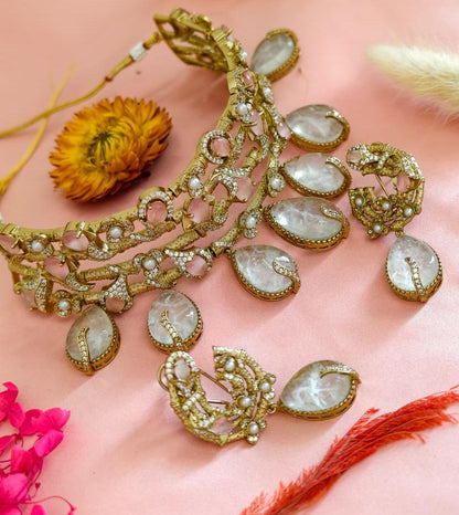 the Zevar Bridal Jewellery Pink The Gulnaz Choker: Emerald & Pastel Rose Quartz Heritage Set