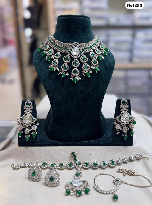 the Zevar Bridal Jewellery Set Green Emerald Elegance Bridal Jewelry Set with Kundan Detailing