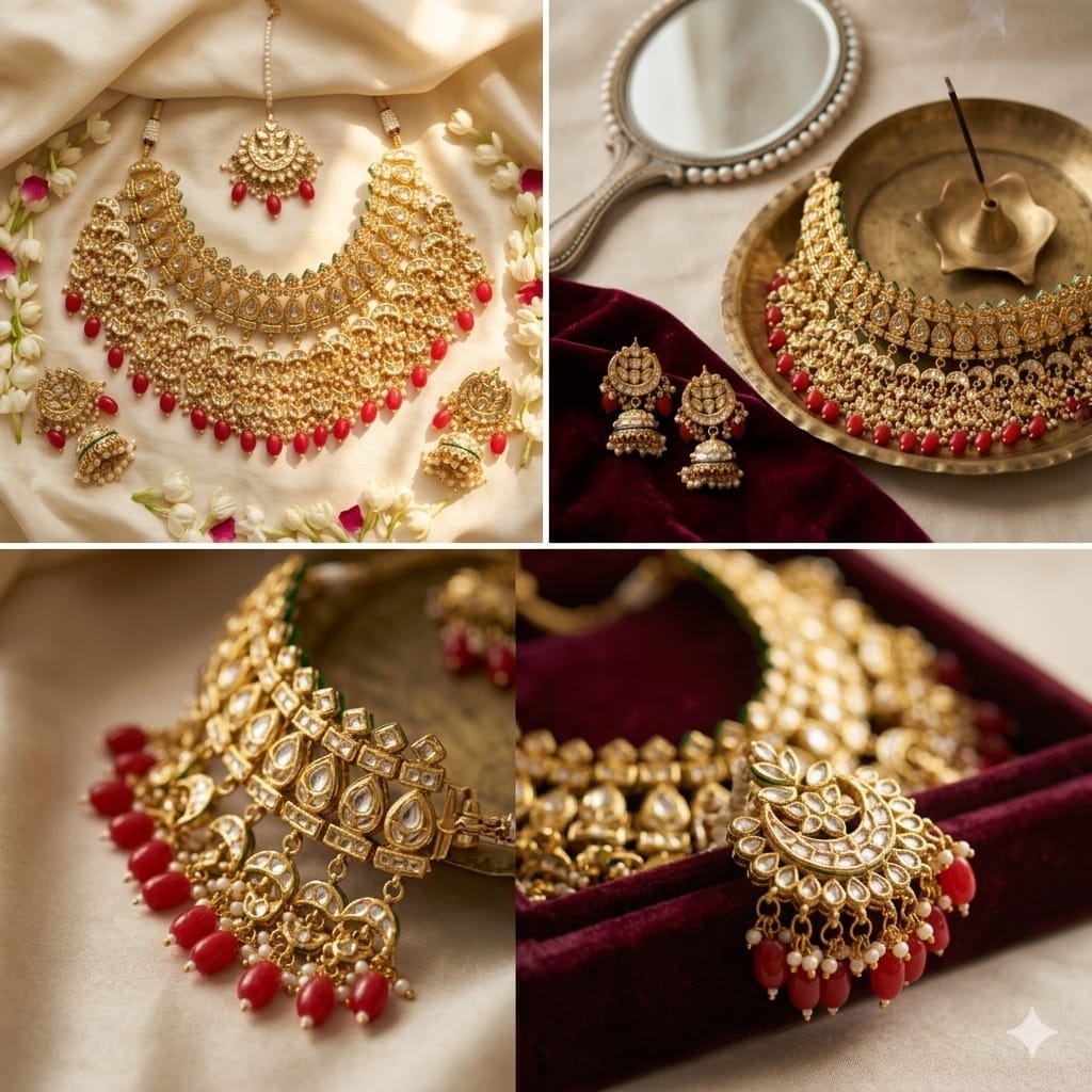 the Zevar Bridal Jewellery Set Heavy Faux Kundan Bridal Choker Set with Ruby Red Drops & Maang Tikka
