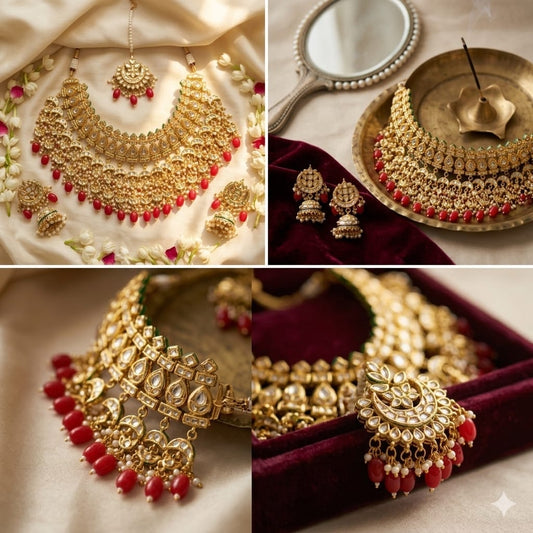 the Zevar Bridal Jewellery Set Heavy Faux Kundan Bridal Choker Set with Ruby Red Drops & Maang Tikka