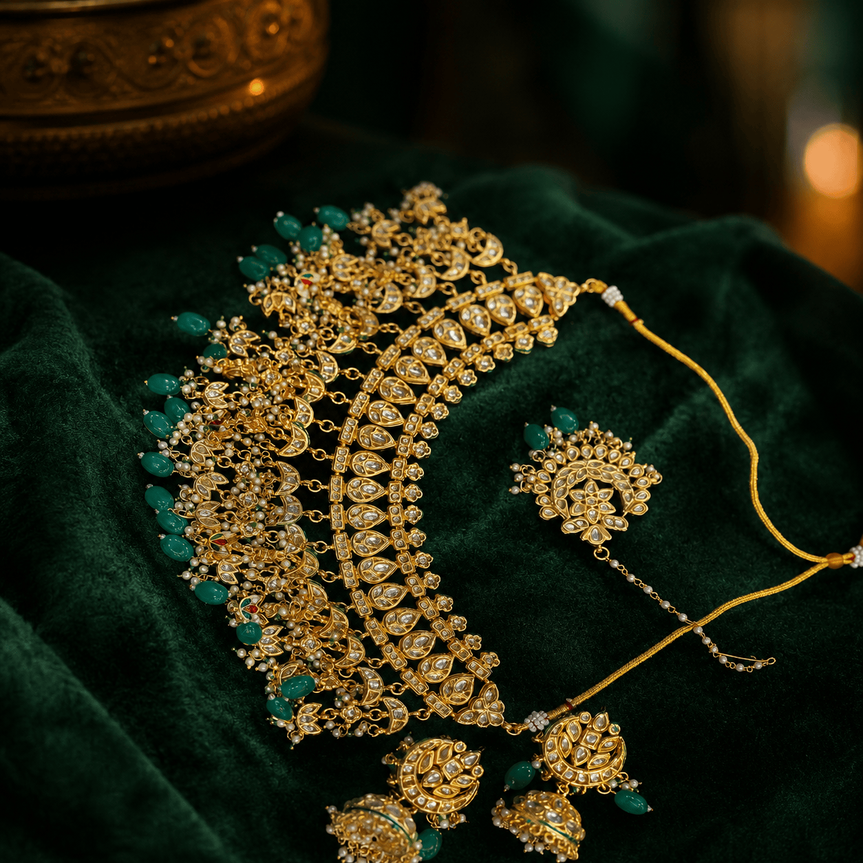 the Zevar Bridal Jewelry Set Royal Mughal-Inspired Kundan Choker Set with Emerald Green Beads and Matching Jhumkas