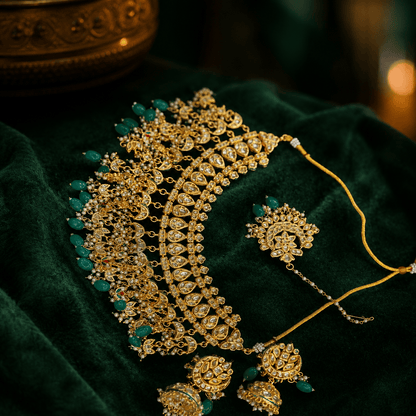 the Zevar Bridal Jewelry Set Royal Mughal-Inspired Kundan Choker Set with Emerald Green Beads and Matching Jhumkas