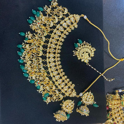 the Zevar Bridal Jewelry Set Royal Mughal-Inspired Kundan Choker Set with Emerald Green Beads and Matching Jhumkas