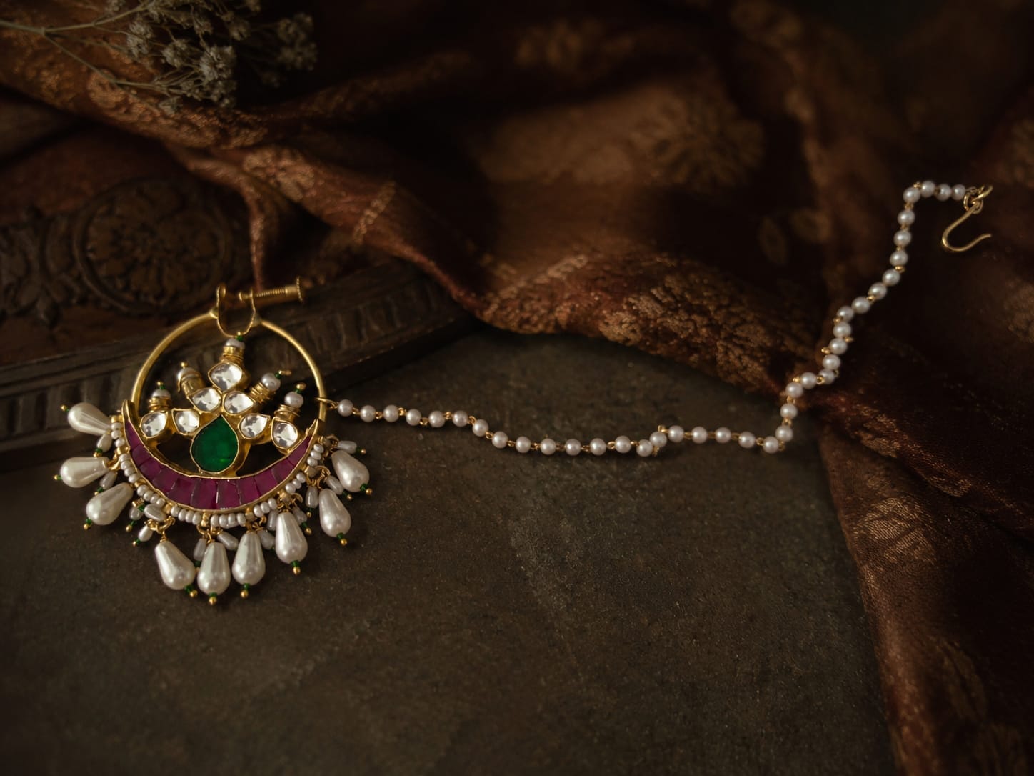 the Zevar Bridal Nath Royal Pearl Kundan Nath with Emerald Stone – Traditional Bridal Nose Ring