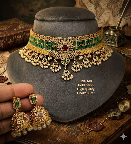 the Zevar choker necklace Dark Green Premium Gold Finish Square-Cut Stone Choker Set with Pearl Drops & Jhumkas