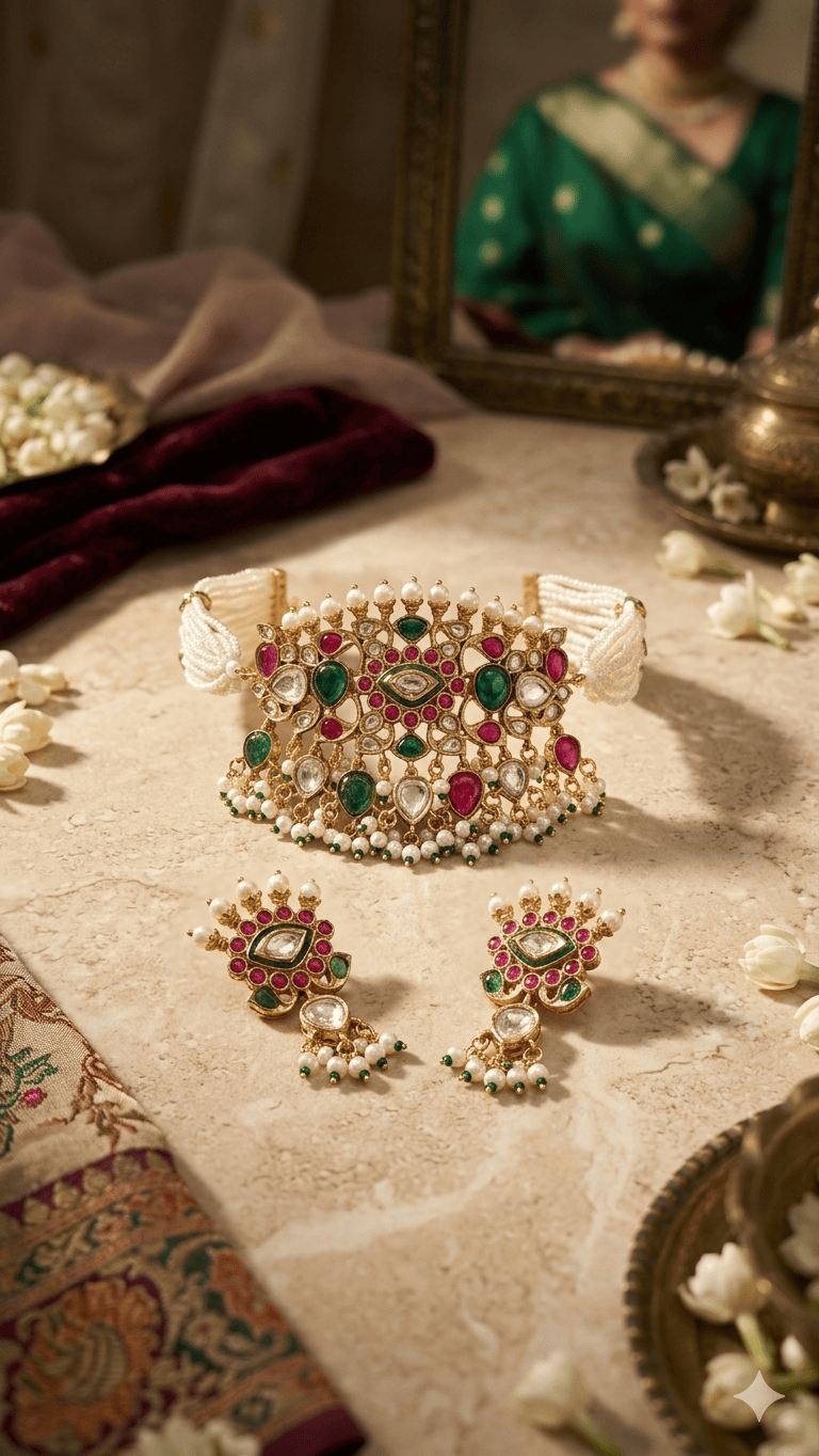 the Zevar choker necklace Exquisite Jadau Kundan Choker Set with Multi-Strand Pearl Band, Ruby-Emerald Accents, and Matching Drop Earrings