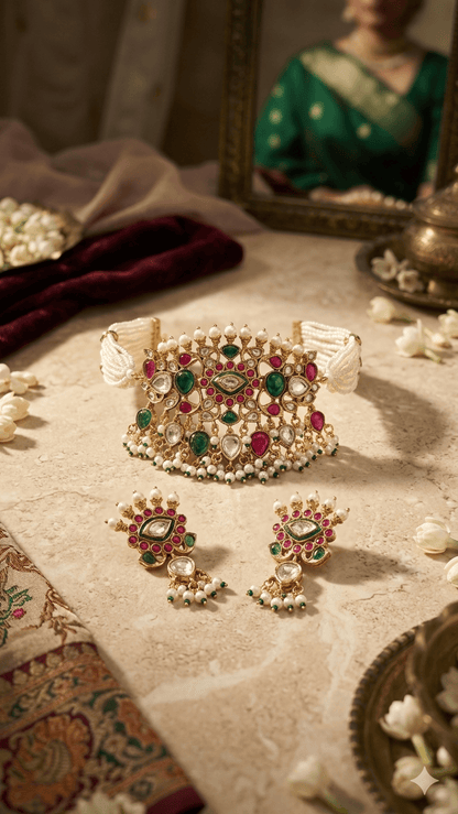 the Zevar choker necklace Exquisite Jadau Kundan Choker Set with Multi-Strand Pearl Band, Ruby-Emerald Accents, and Matching Drop Earrings