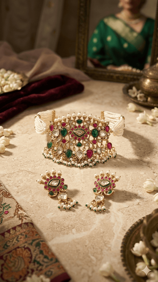 the Zevar choker necklace Exquisite Jadau Kundan Choker Set with Multi-Strand Pearl Band, Ruby-Emerald Accents, and Matching Drop Earrings