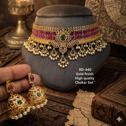 the Zevar choker necklace pink Premium Gold Finish Square-Cut Stone Choker Set with Pearl Drops & Jhumkas
