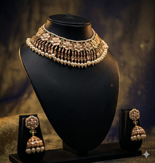 the Zevar choker necklace Royal Pearl Drop Moissanite  Kundan Choker Set