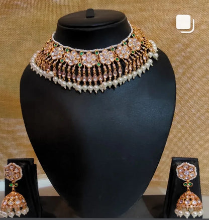 the Zevar choker necklace Royal Pearl Drop Moissanite  Kundan Choker Set