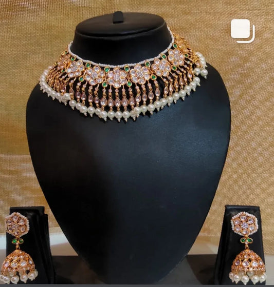 the Zevar choker necklace Royal Pearl Drop Moissanite  Kundan Choker Set