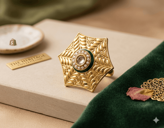 the Zevar Cocktail ring Aakarsha Royal Hexagonal Statement Ring – Kundan & Emerald Green Meenakari