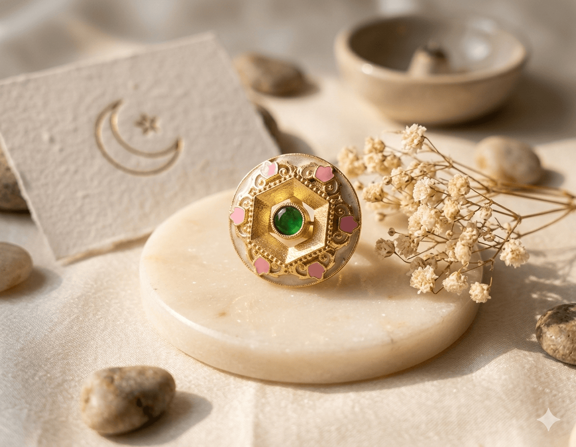 the Zevar Cocktail ring Emerald Green Hexagonal Cocktail Ring | Handcrafted Meenakari Enamel Statement Ring