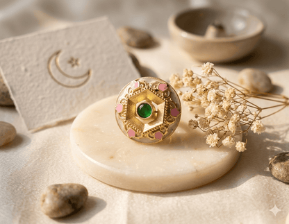 the Zevar Cocktail ring Emerald Green Hexagonal Cocktail Ring | Handcrafted Meenakari Enamel Statement Ring