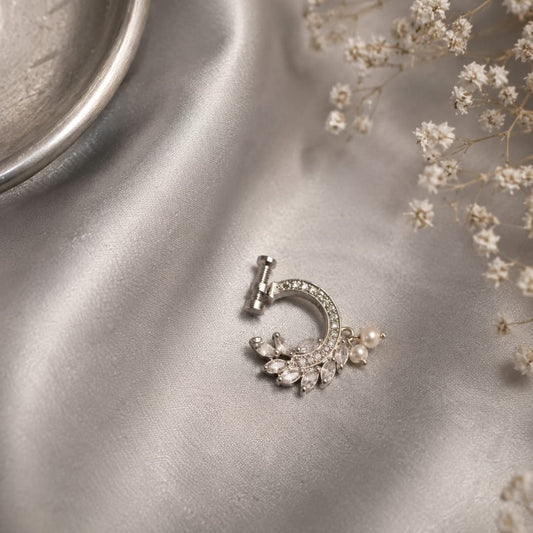 the Zevar Cz nose Ring Silver Finish CZ Floral Non-Piercing Nose Ring with Pearl Drops