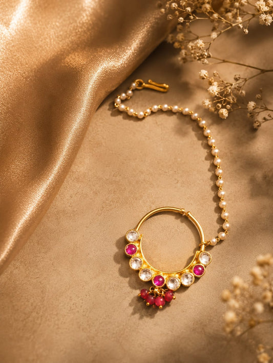 the Zevar Gold Plated Nose Ring Traditional Gold Plated Multi-Color Kundan Non-Piercing Nose Ring with Pink Drop