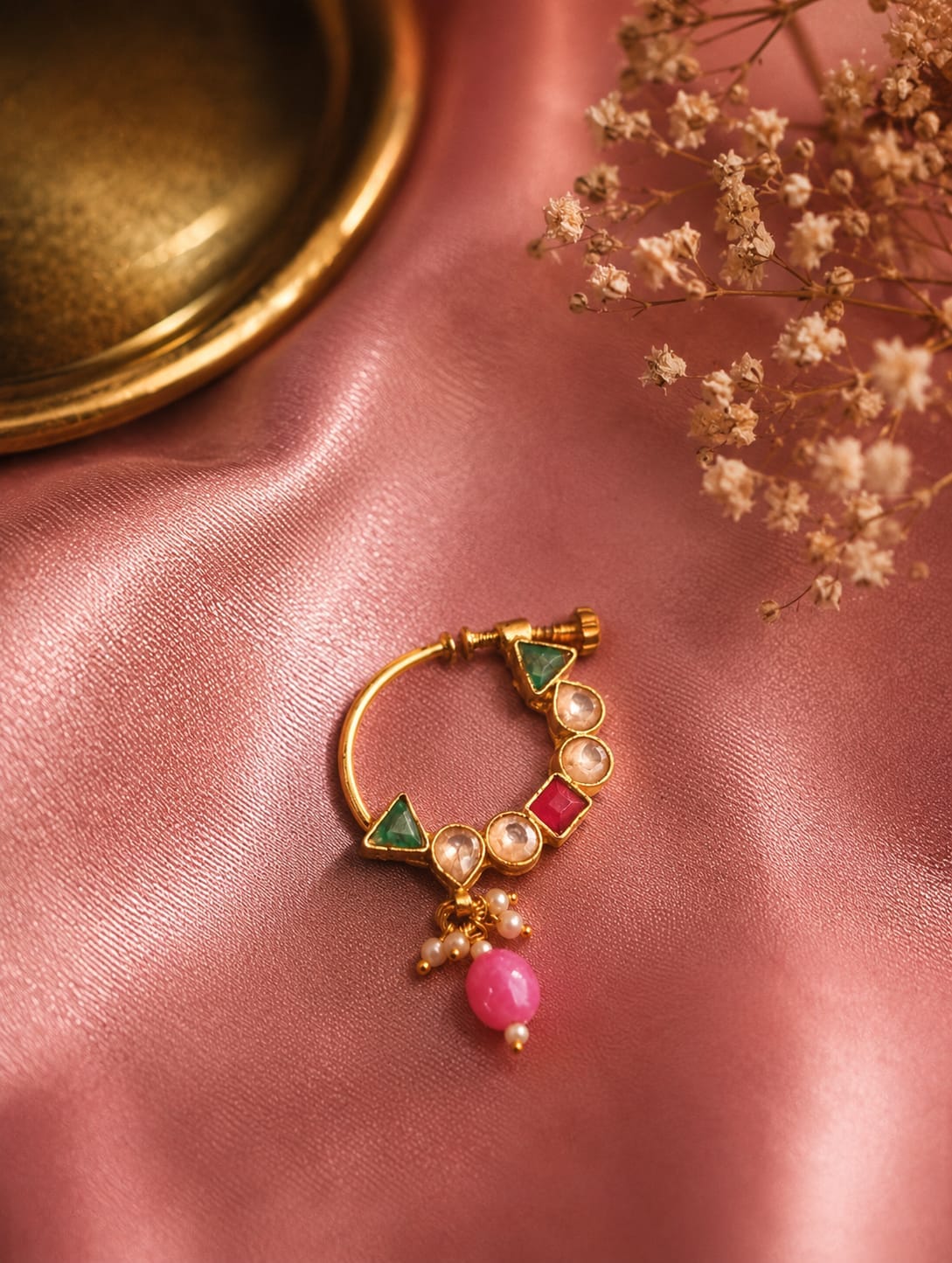 the Zevar Gold Plated Nose Ring Vintage Rajwadi Clip-On Nath with Geometric Faux Polki & Pearl Accents