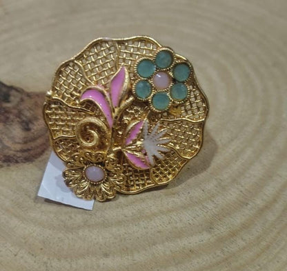 the Zevar Gold plated ring Pastel Floral Enamel Cocktail Ring | Gold Mesh Handcrafted Statement Ring