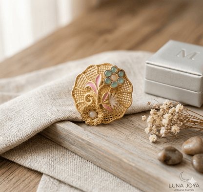 the Zevar Gold plated ring Pastel Floral Enamel Cocktail Ring | Gold Mesh Handcrafted Statement Ring
