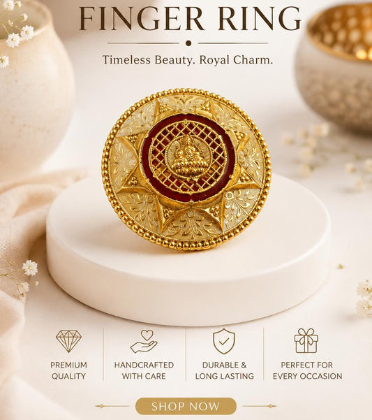 the Zevar Gold plated ring Royal Laxmi Antique Gold Statement Ring | Handcrafted Temple Jewelry Finger Ring